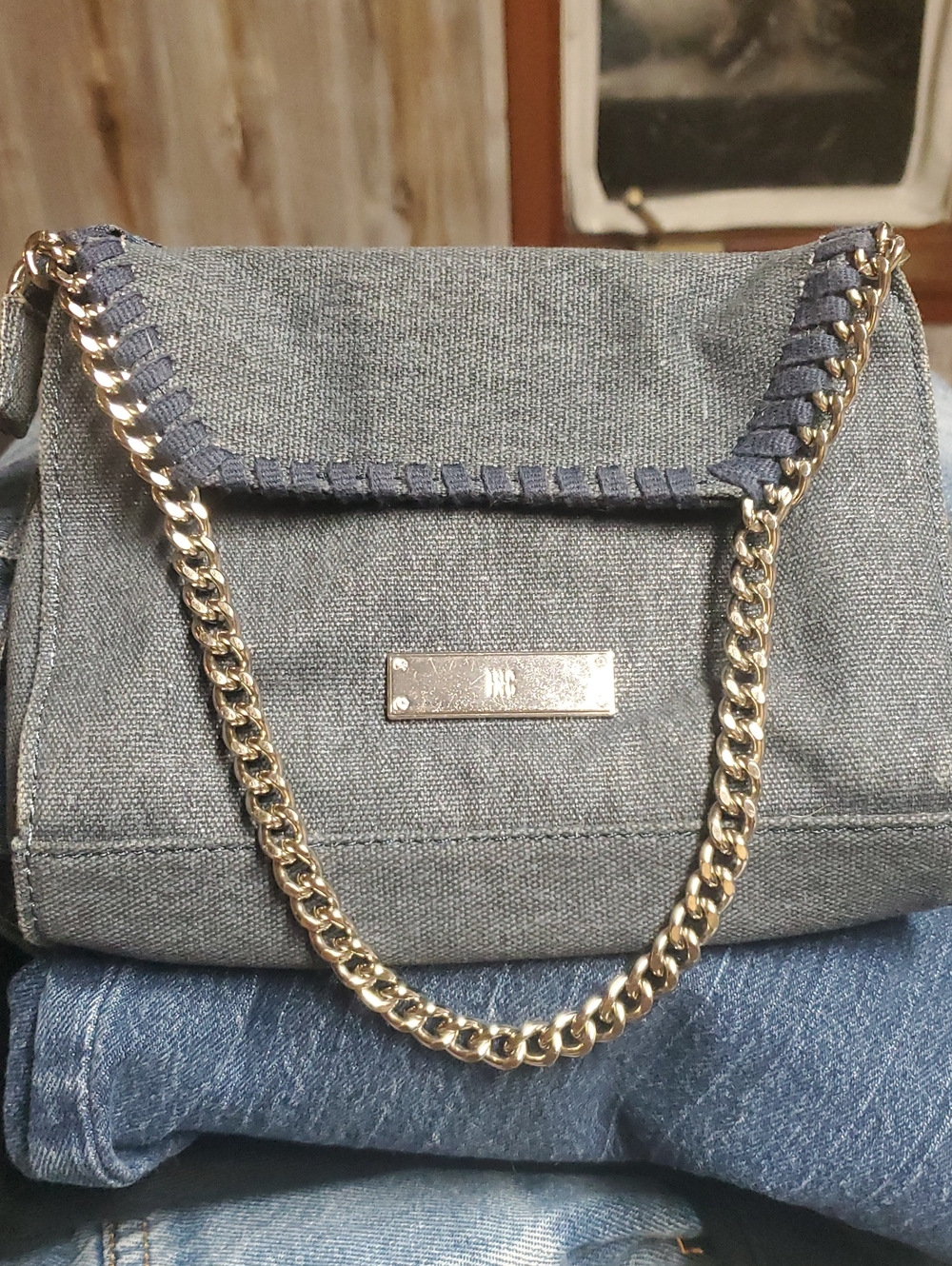 Women’s Denim-Style INC Crossbody HAND Bag with Silver Chain